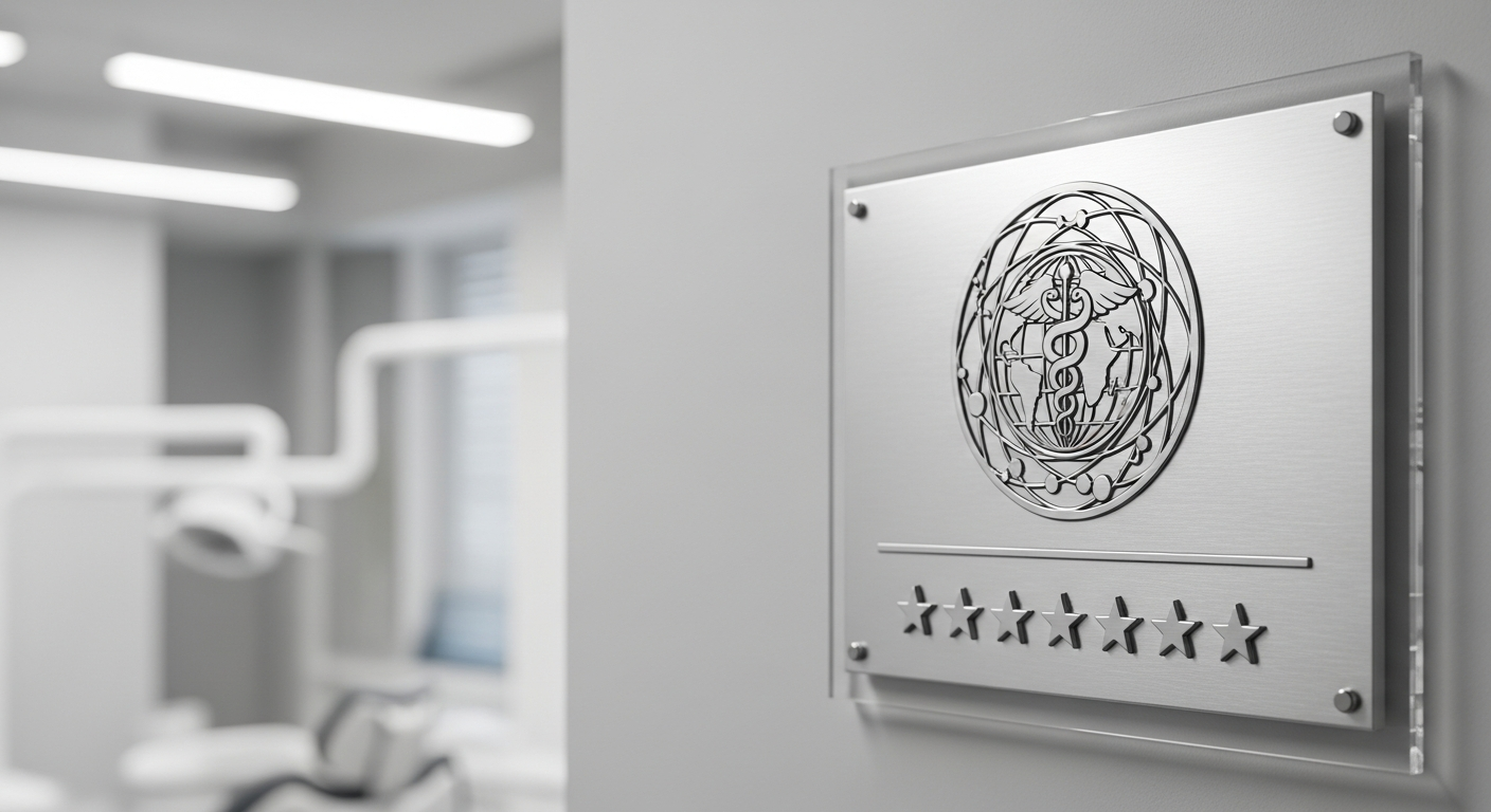 A professional certification plaque displayed prominently in a modern dental clinic, indicating international accreditation and adherence to high standards.