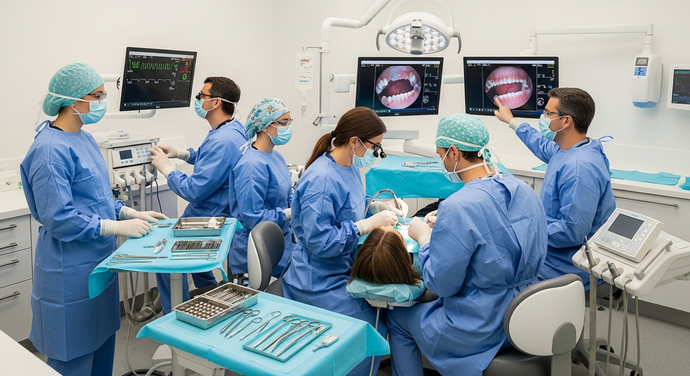 A team of dental specialists reviewing patient X-rays on a digital tablet in a high-tech, clean dental clinic, emphasizing expertise and professionalism.