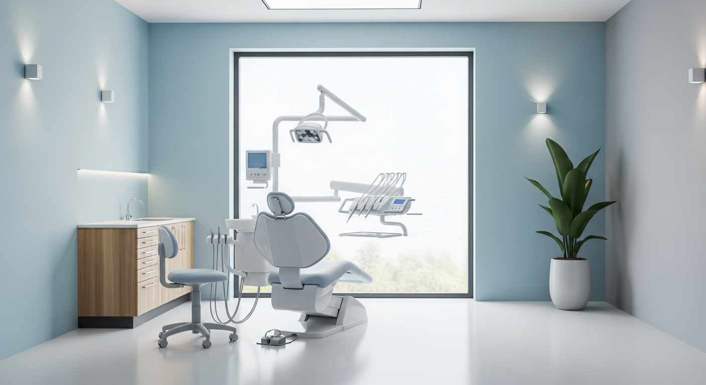 dental clinic interior Modern dental clinic interior with advanced digital imaging equipment, clinical staff preparing for a procedure, bright and sterile environment