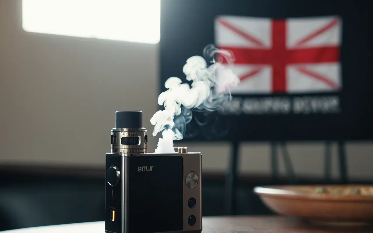 dijital sigara A close-up photo-realistic image of a modern electronic vaping device emitting a thin, barely visible vapor stream against a blurred, neutral background. The lighting is soft, highlighting the sleek design of the device. No text or branding is visible.