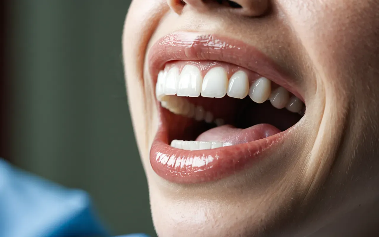 diş eti A detailed, photo-realistic close-up of a healthy human mouth during a dental examination. Bright, clinical lighting illuminates the teeth and gums. A dental mirror and probe are visible, reflecting a professional medical environment. No text or branding.