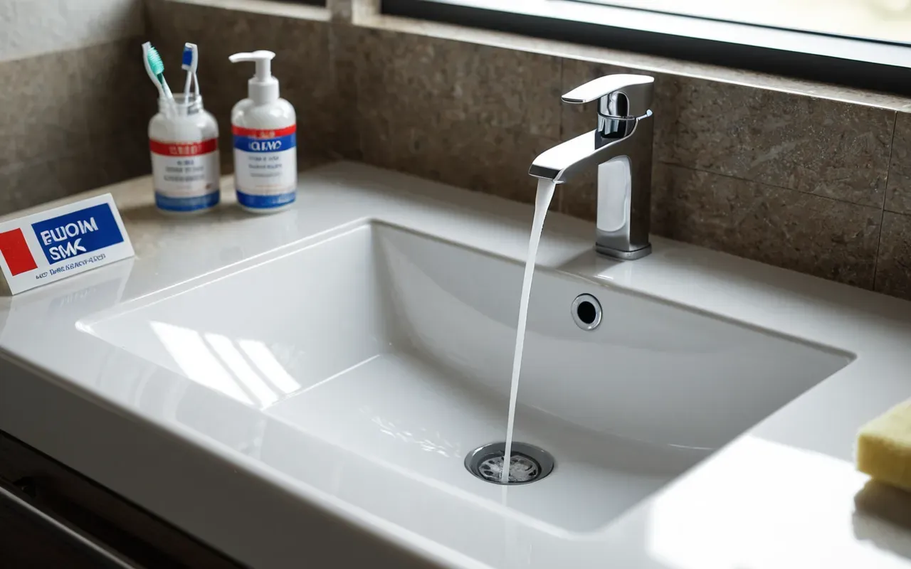 diş fırçalama A photo-realistic image of a modern bathroom sink with a toothbrush and toothpaste, emphasizing oral hygiene. Soft, natural lighting creates a clean and healthy atmosphere. The composition is simple and focused on the objects. No text or branding.