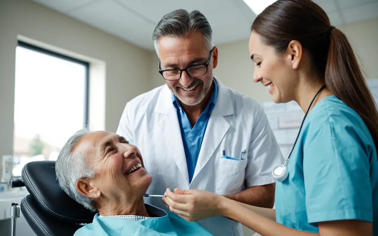 A professional dentist performing a checkup on an elderly patient in a modern dental office. The environment is clean and bright with advanced equipment visible but not overpowering. The focus is on the caring interaction between medical staff and patient ensuring comfort.