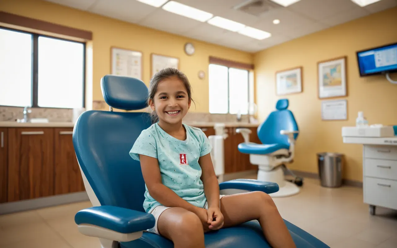 A warm and inviting pediatric dental clinic interior with soft lighting. A young child sits comfortably in a modern dental chair smiling at a friendly dentist holding a mirror. Colorful educational posters about brushing teeth are visible on the walls, creating a reassuring atmosphere for children.