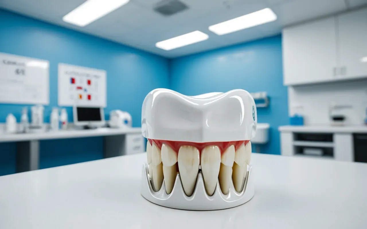 ağız bakımı önemi Bright modern dental laboratory workspace showcasing a single high-quality white ceramic tooth implant resting on a clean blue sterile medical cloth. Soft daylight illuminates the pristine surface of the prosthesis highlighting its smooth texture and perfect shape without any text or people in the frame.