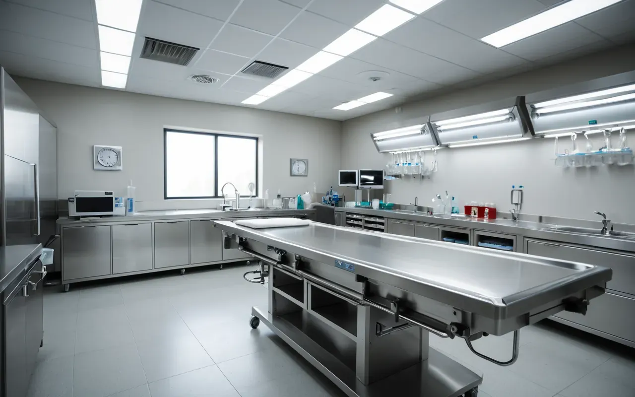 saglik standartlari Bright modern medical sterilization room with sleek metallic cabinets organized trays of clean instruments under soft overhead lighting showing pristine hygiene conditions