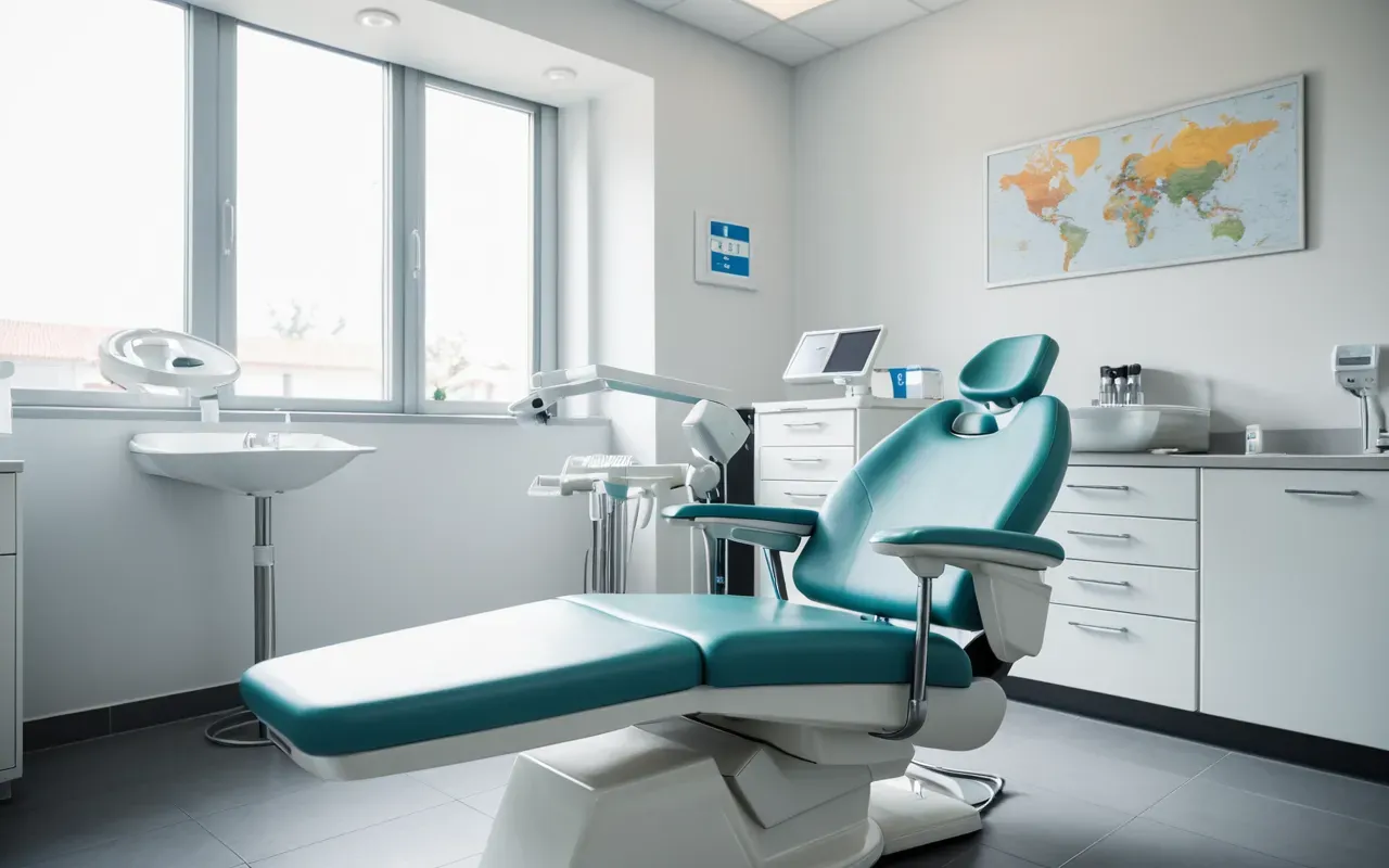 diş hekimliği sıralama Close-up photograph of a modern dental chair in a bright clean clinic with soft morning light and minimalist design elements visible around the equipment