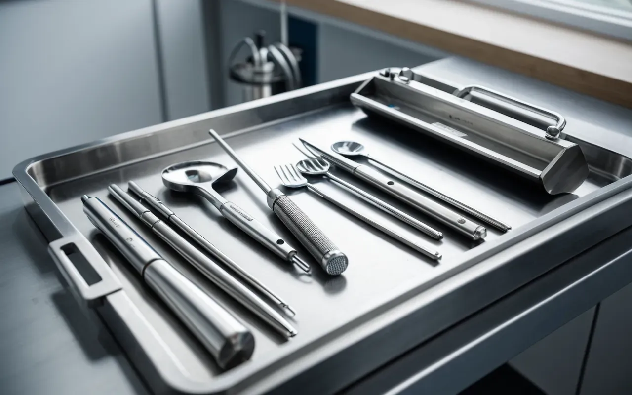 implant bakımı Close-up photograph of a modern dental clinic interior focusing on a clean stainless steel instrument tray with shining metal tools arranged neatly under soft bright overhead lighting. The background is blurred showing a calm professional environment without any people or text visible in the frame.