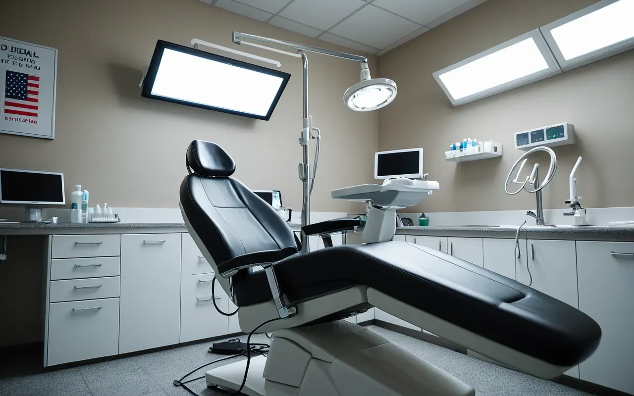 dis sagligi rehberi Close-up view of a modern dental examination chair equipped with bright overhead lights and sterile tools arranged neatly on adjacent surfaces showing professional clinical environment