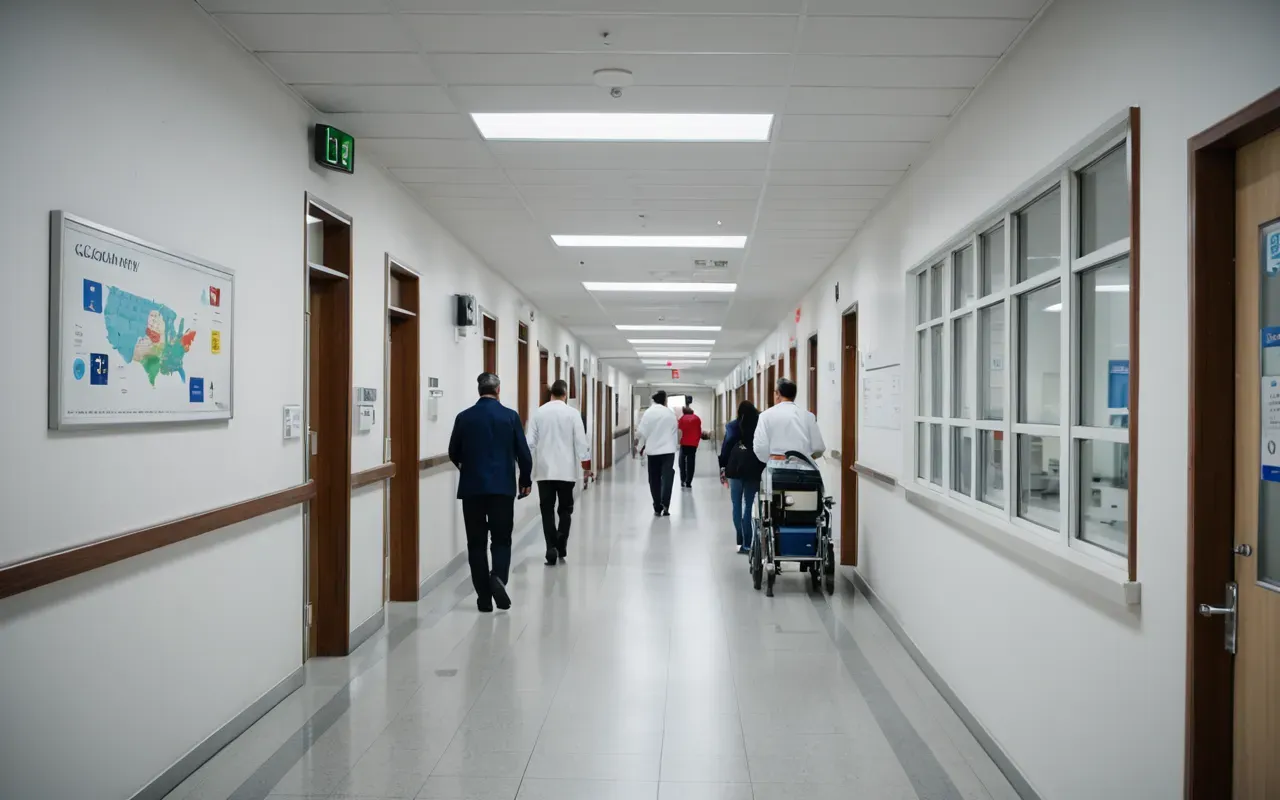istanbul dis kliniği Wide angle view of a busy contemporary hospital corridor with clean white walls natural daylight streaming through large windows and people walking calmly in the distance