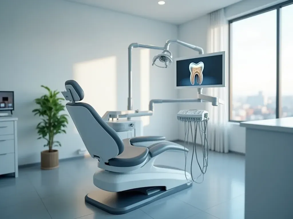 İstanbul diş kliniği A bright modern dental consultation room with a comfortable patient chair, a digital monitor displaying a 3D tooth model, soft natural lighting, and clean minimalist decor. No text or signage visible.