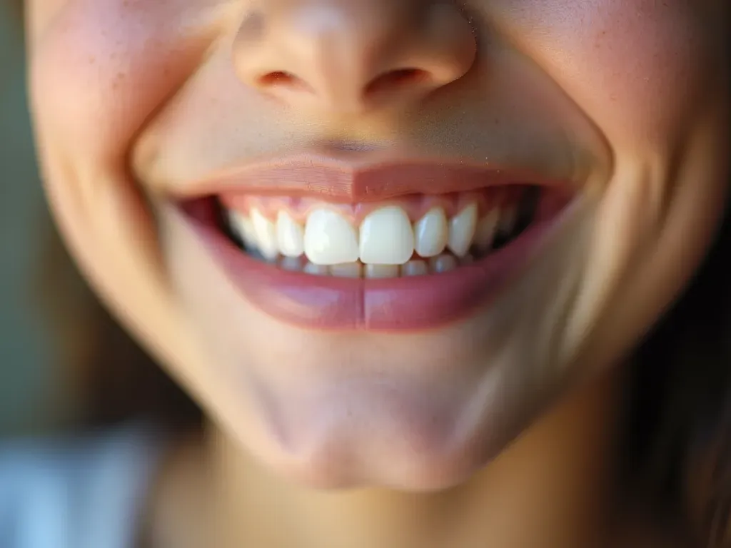 A bright smile showing perfectly aligned white teeth of a young person. Soft focus on facial features emphasizing healthy gums and natural expression. Natural daylight illuminating the face from one side creating gentle shadows that highlight dental symmetry without any background text or logos.