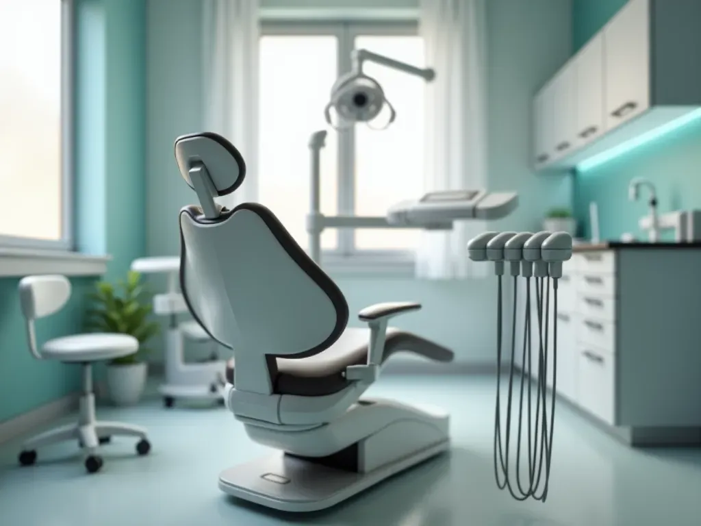 A clean modern dental examination room with neutral colors and soft lighting. A comfortable reclining chair faces a professional light source for oral exams. Medical instruments neatly arranged on stainless steel tray in foreground, blurred background showing organized shelves without any text or branding visible.