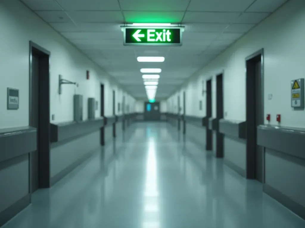 A clean modern hospital corridor with wide emergency exit signs illuminated in green, smooth gray flooring, and neutral wall panels. The hallway is empty, well lit by recessed ceiling fixtures, conveying a calm and secure atmosphere without any readable text or logos.