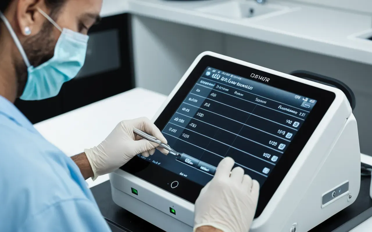 diş tedavisi teknolojileri A close-up of a modern digital dental scanner and a dentist's hands wearing sterile gloves preparing for treatment. The focus is on the precision tools and clean clinical setting.