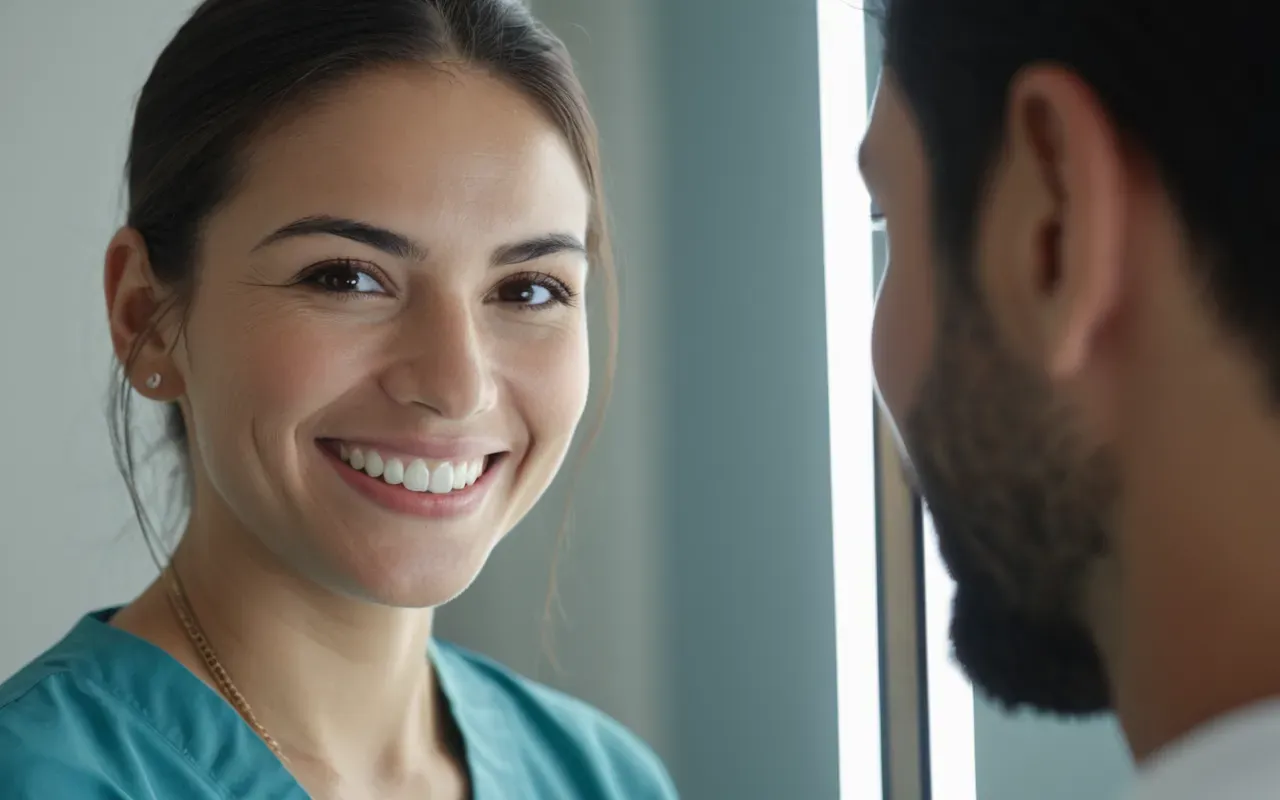 gülüş estetiği A close-up of a patient smiling in front of a mirror after completing dental aesthetic treatment, reflecting confidence and satisfaction with natural lighting and soft background tones.