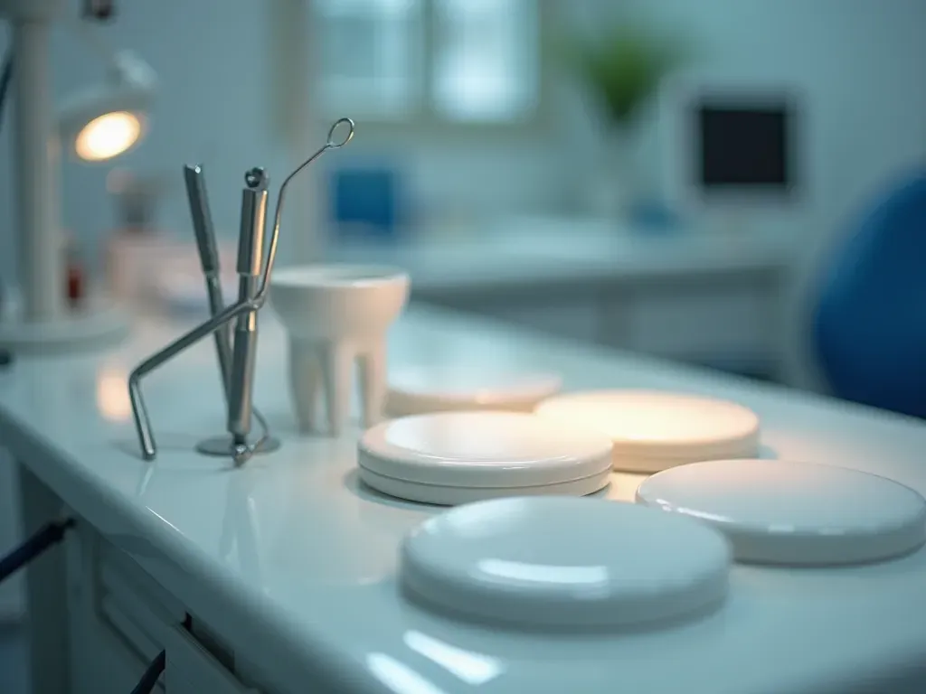 A close-up photo-realistic scene of a modern dental laboratory bench with polished white ceramic discs, metal instruments neatly arranged under soft warm lighting, no text visible.