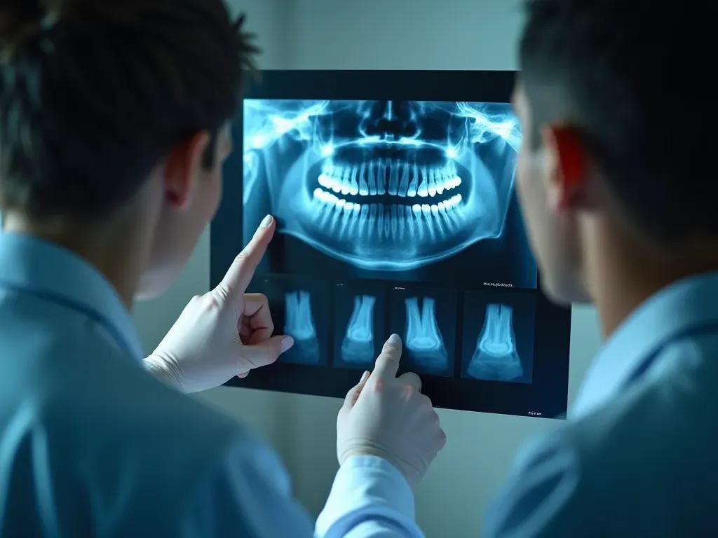 A close-up shot of a dental X-ray film being examined by two professionals wearing lab coats. They are pointing at specific areas on the radiograph with focused expressions. The background is blurred showing medical charts and equipment in soft neutral tones, no text visible.