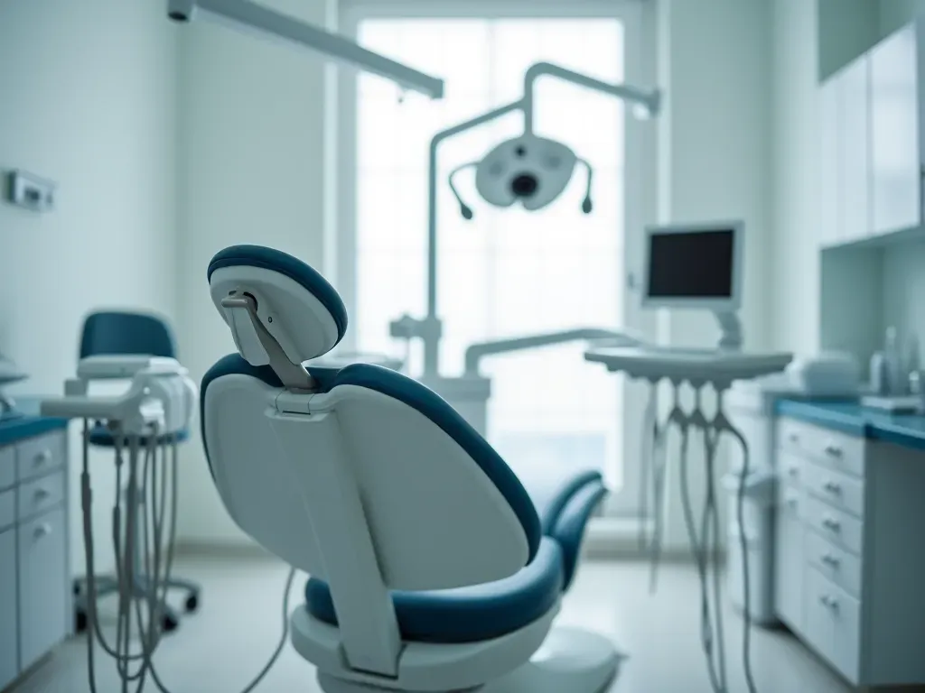A close up shot of a modern dental chair in a clean and bright treatment room. The lighting is clinical but soft, highlighting the high quality medical equipment.