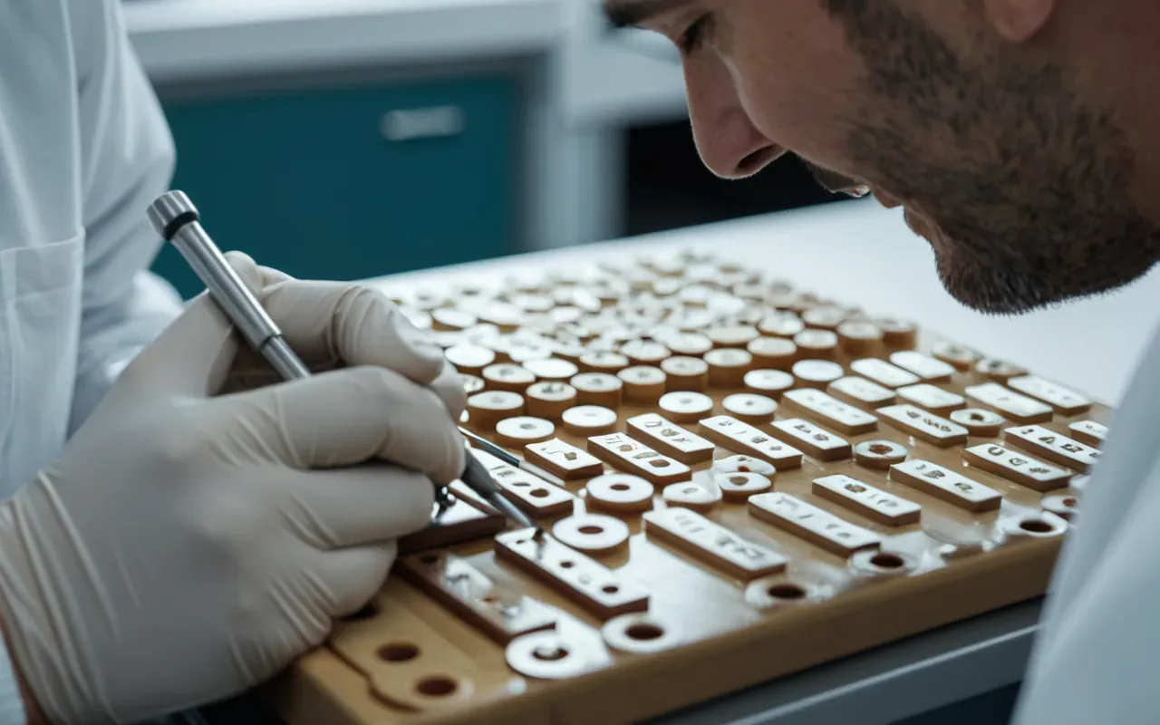 diş laboratuvarı A close up view of a dental technician working on ceramic veneers in a laboratory setting with precise tools and bright lighting highlighting the craftsmanship.