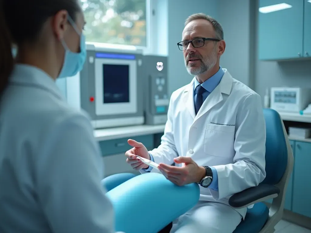 A close-up view of a modern dental clinic setting with bright lighting. A high-tech 3D printer is visible in the background while a dentist consults with a patient. The scene conveys innovation, trust, and advanced medical technology without any text or signage.