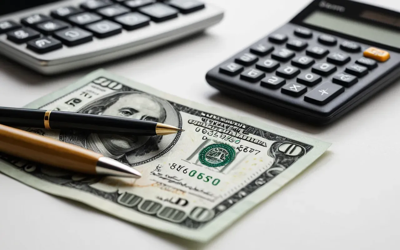 diş tedavisi maliyet planlaması A close-up view of a stack of modern currency notes next to a calculator and a pen on a clean white desk. The lighting is soft and natural suggesting a financial planning or budgeting scenario in an office setting.