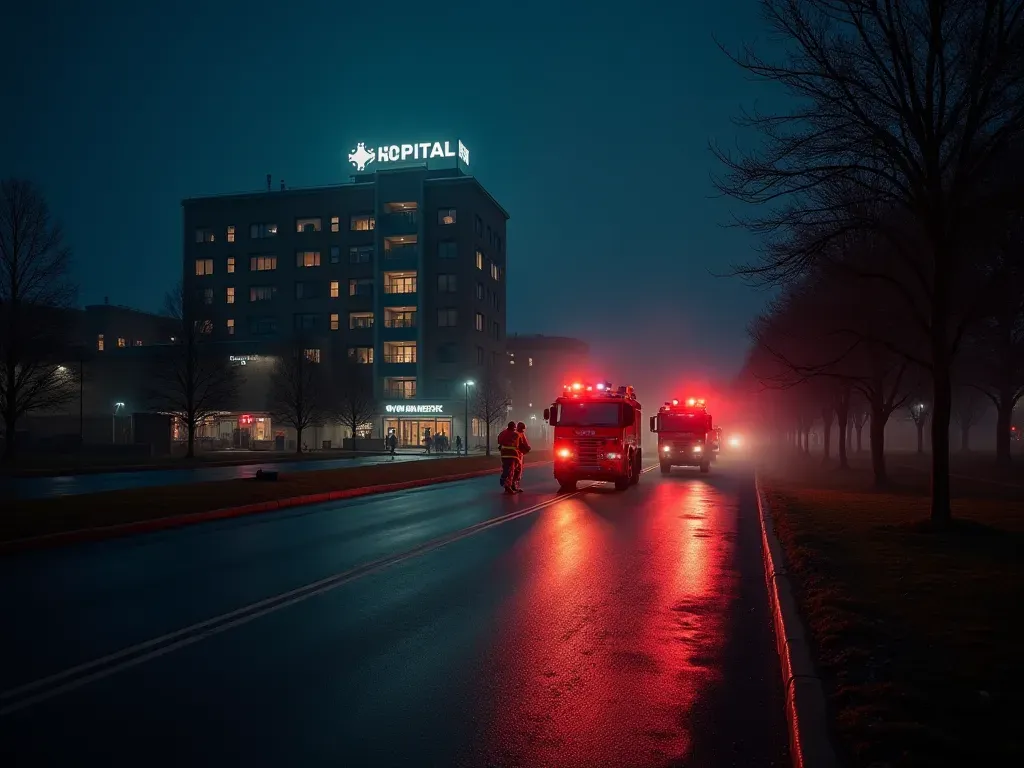 hastane yangını A dark street at night with emergency lights illuminating a modern hospital building in the background. The scene is calm but tense, showing firefighters working quietly near the entrance while smoke gently rises into the starry sky.