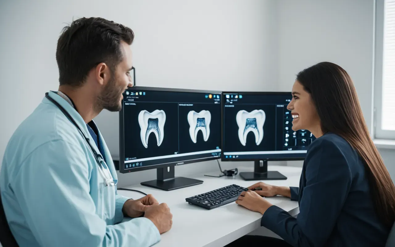 dijital gülüş tasarımı süreci A dentist and a patient sitting at a modern desk looking at a computer monitor displaying a 3D digital model of teeth. The room is bright with clean lines and medical equipment visible in the background, creating a professional atmosphere.