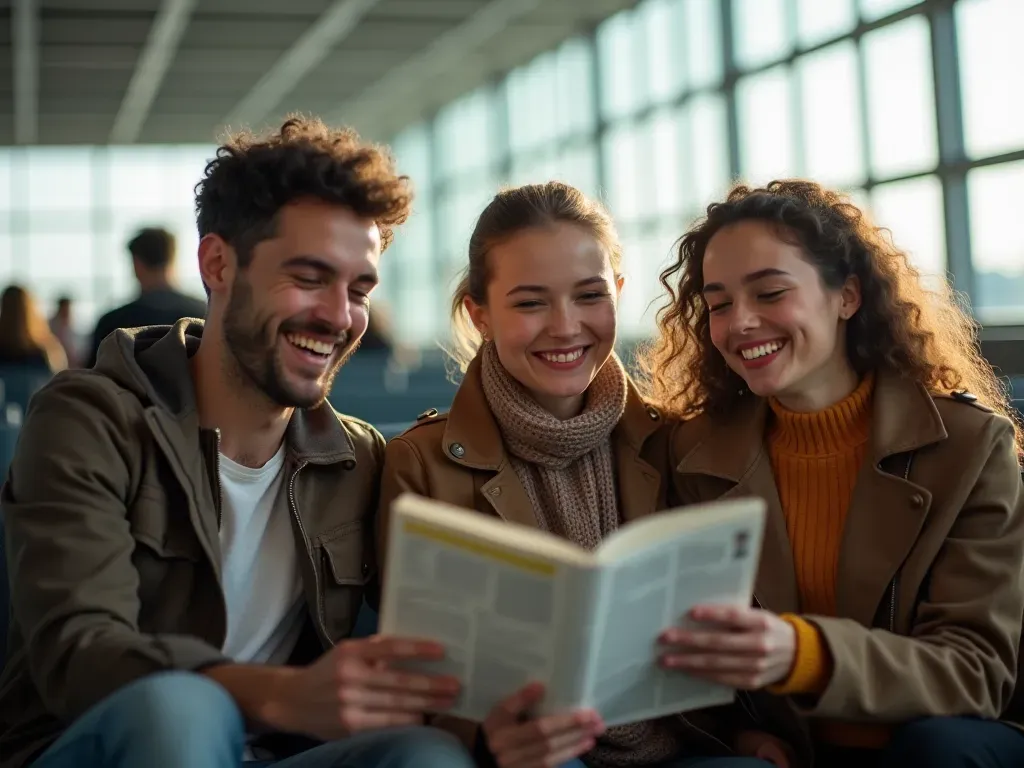 A group of diverse travelers smiling happily while looking at a brochure or guidebook together in a modern airport lounge. Bright daylight streaming through large windows behind them creating warm atmosphere. Casual travel clothing worn by people standing close showing excitement.