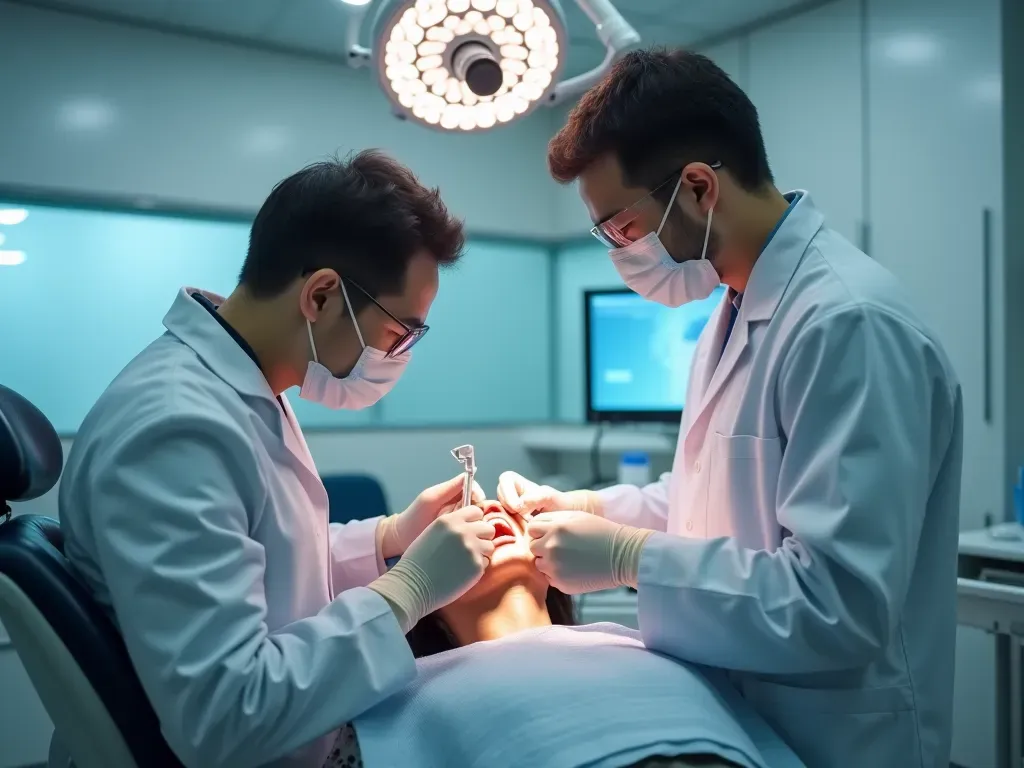 A modern and clean dental clinic interior with a dentist in white coat examining patient teeth using bright overhead surgical light equipment visible reflecting professional atmosphere without any text or signage on walls.