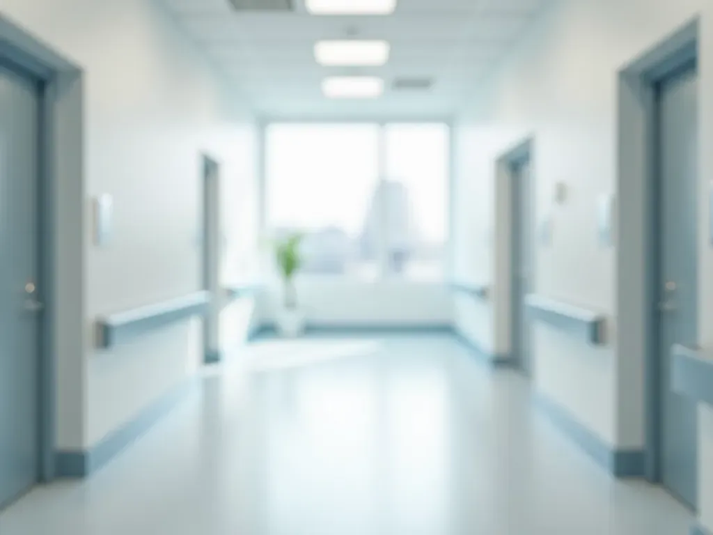 A modern clinic hallway with clean white walls and a large window letting in natural light. The space feels open and inviting.