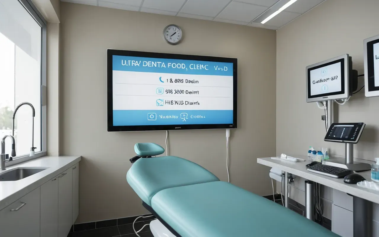 diş hekimliği teknolojisi A modern dental clinic interior with a dentist showing a digital screen to a patient in a bright room.