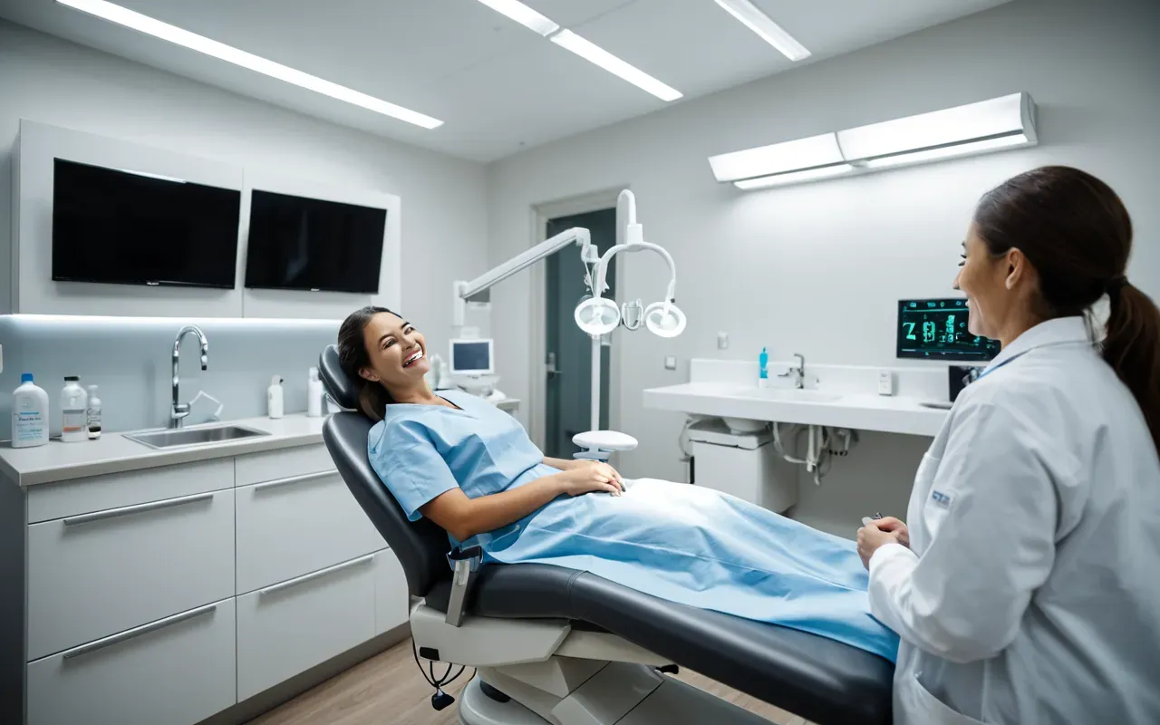 diş kliniği iç mekanı A modern dental clinic interior with a dentist examining a patient's smile under bright clinical lights, focusing on the detailed work of aesthetic dentistry in a sterile environment.