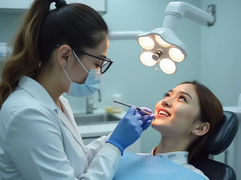 A modern dental clinic interior with a dentist examining a patient's smile, bright clean lighting, stainless steel instruments and white surfaces, no text visible anywhere.