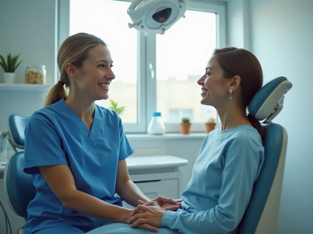 A modern dental clinic interior with bright natural lighting. A dentist in blue scrubs is smiling while talking to a patient who looks happy and relaxed sitting in the chair. Clean white walls, professional equipment visible in soft focus background, no text or signs.