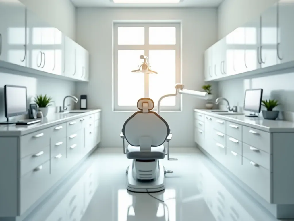 A modern dental clinic interior with bright neutral lighting, clean white walls, organized medical cabinets, and a comfortable patient chair positioned centrally. The space feels calm and professional, emphasizing safety and hygiene without any visible text or branding.