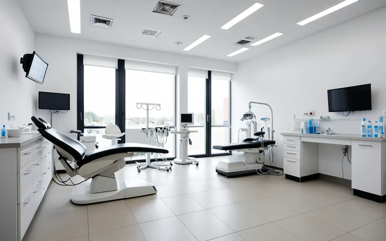 diş kliniği hijyeni A modern dental clinic interior with pristine white surfaces and advanced sterilization equipment in the background. The scene is bright and clean with soft lighting highlighting the professional environment.