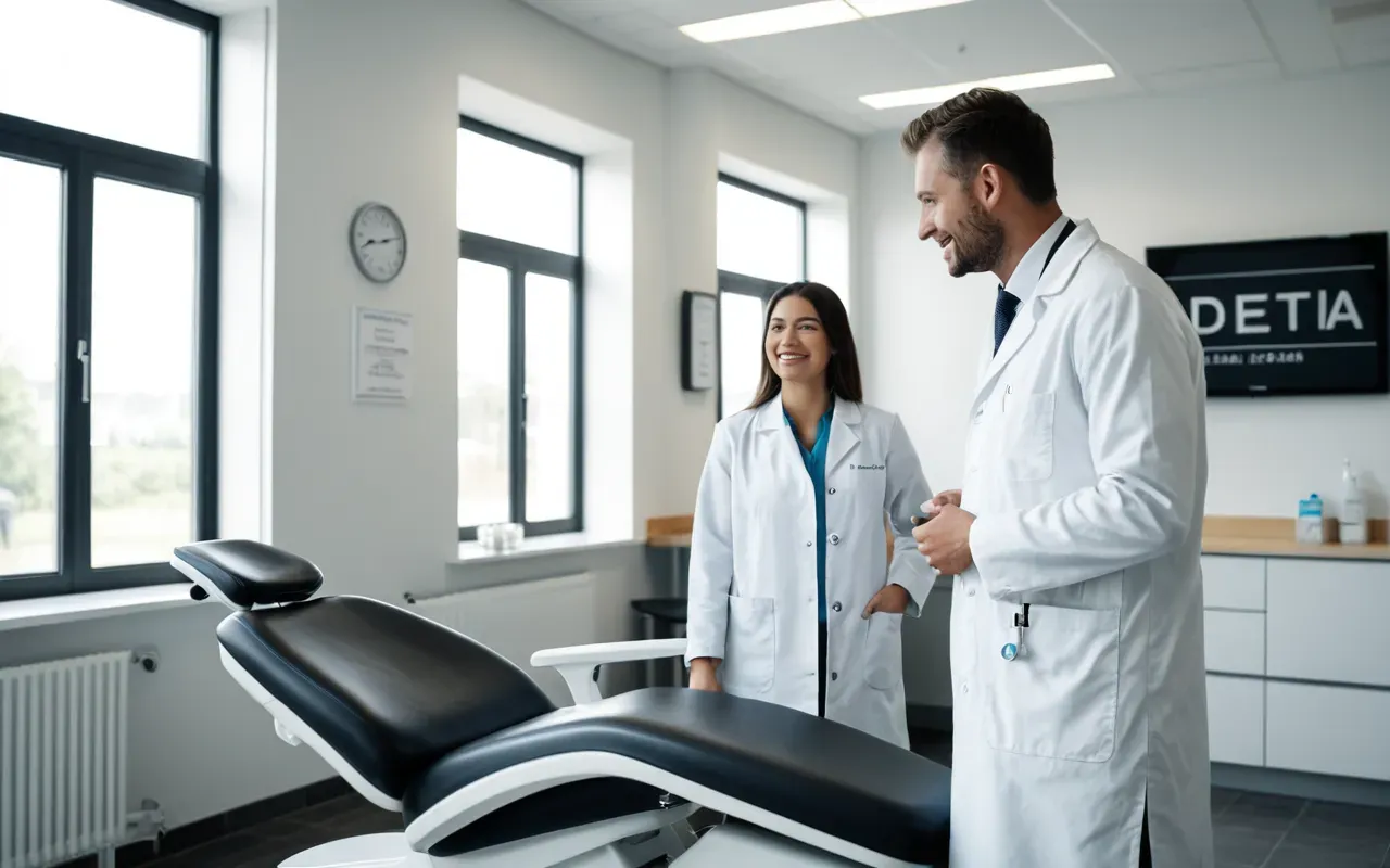diş kliniği A modern dental clinic interior with soft natural lighting from large windows. A professional dentist in a white coat stands next to an ergonomic patient chair. The scene is clean and calm.