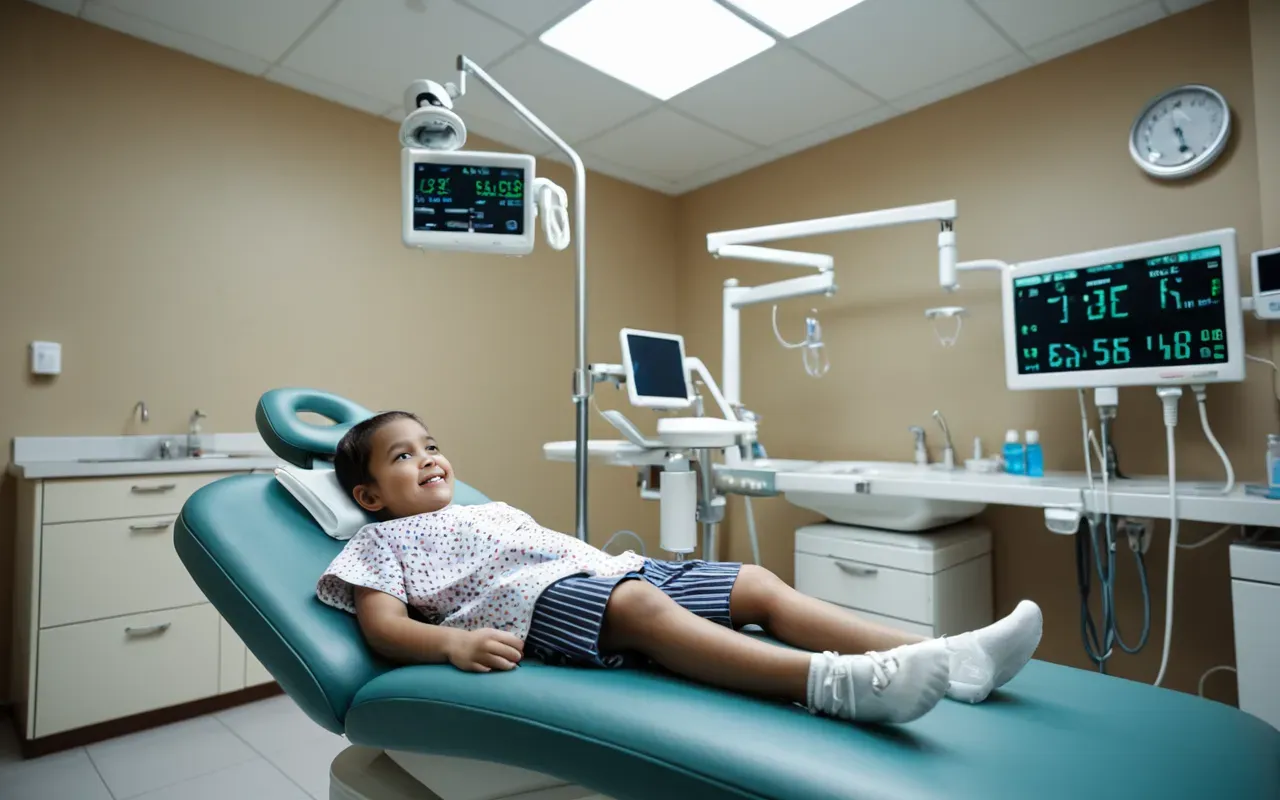 genel anestezi odası A modern dental clinic operating room with a child patient lying on an examination table under general anesthesia. Bright clinical lighting illuminates the sterile environment. Medical monitors display vital signs in soft glowing colors. The atmosphere is calm and professional, emphasizing safety and care without showing any text or labels.
