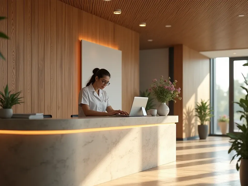 A modern dental clinic reception area with a minimalist design featuring warm wood accents and soft ambient lighting. A professional staff member is seated at the desk in a calm environment.