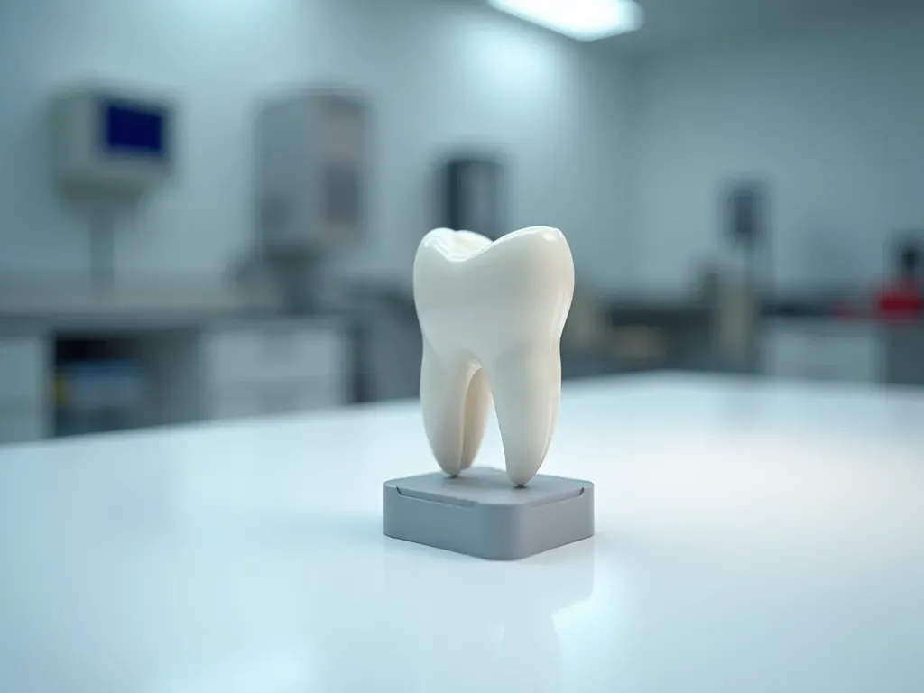 zirkonyum kaplama A modern dental laboratory workspace with a clean white table, a zirconium dental crown on a small stand, soft overhead lighting, and blurred background equipment. No text, signs, or people visible.