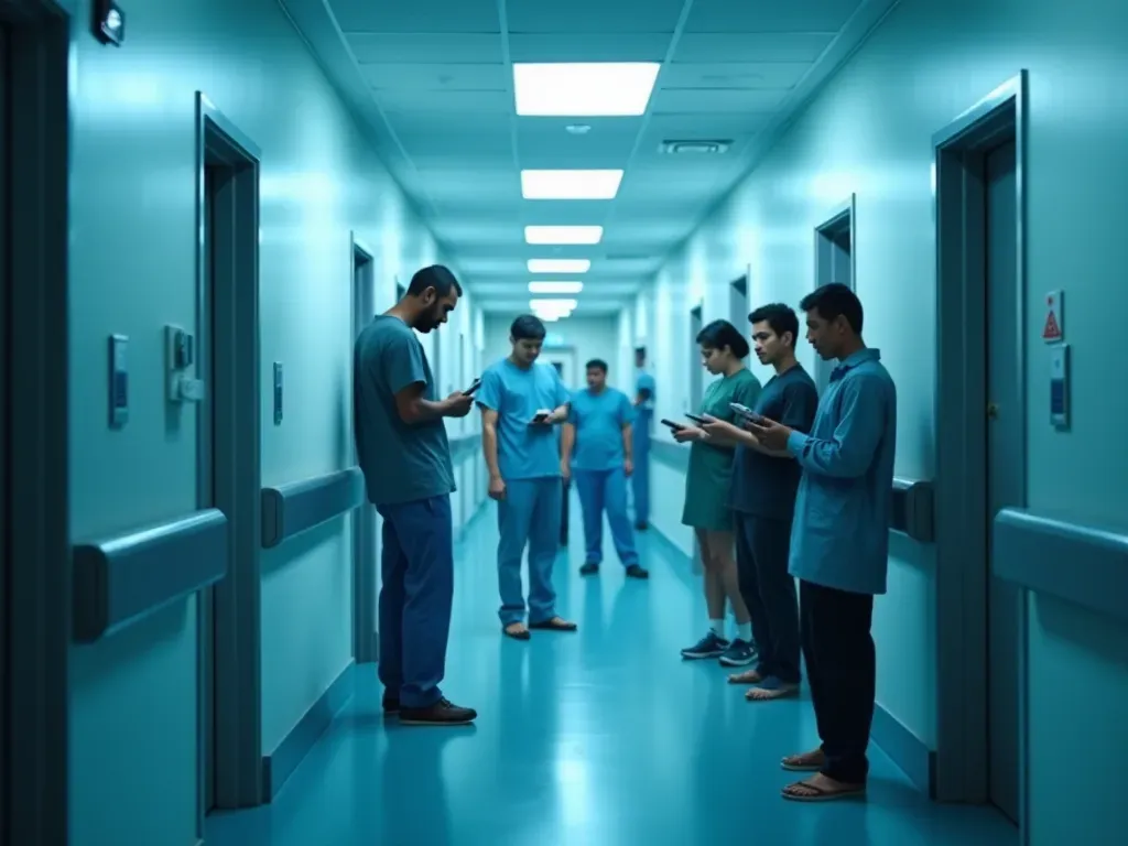 hastane bekleyişi A modern hospital corridor with bright white walls and blue emergency lighting. A group of concerned people stands near a closed door, looking at their phones while waiting for updates in a tense but orderly atmosphere.