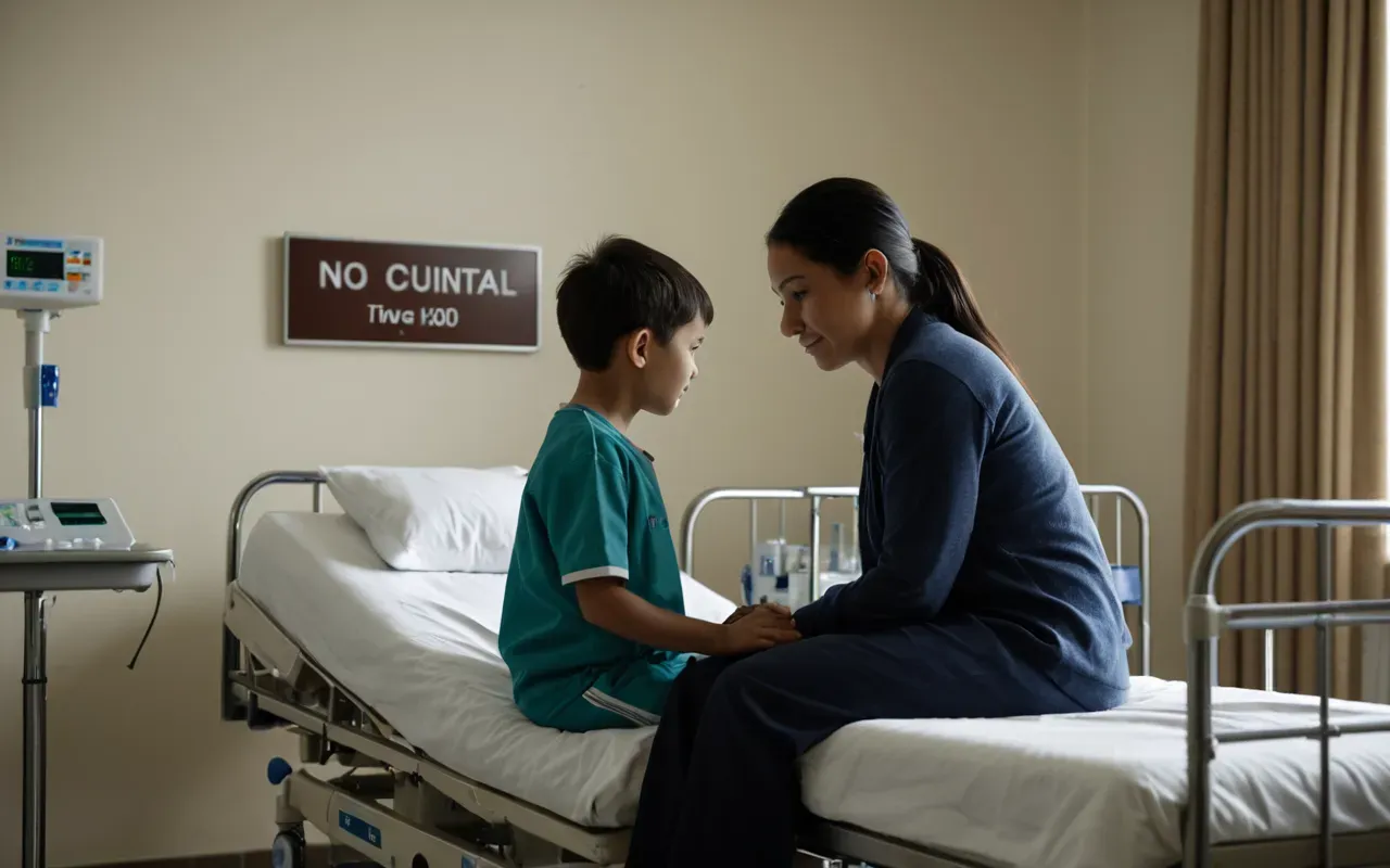 ebeveyn desteği hastane ortamı A parent sitting beside a child's hospital bed in a softly lit room. The parent holds the child's hand gently while medical equipment stands nearby. The scene conveys emotional support and quiet vigilance during a healthcare event, focusing on human connection rather than clinical details.