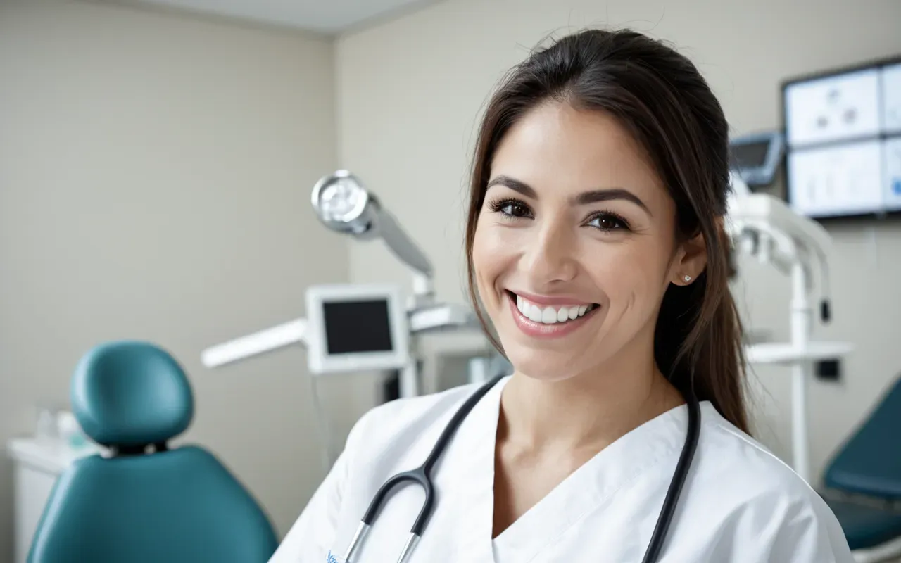 profesyonel diş hekimi A professional dentist in white scrubs smiling while holding modern dental tools in a clean clinic.
