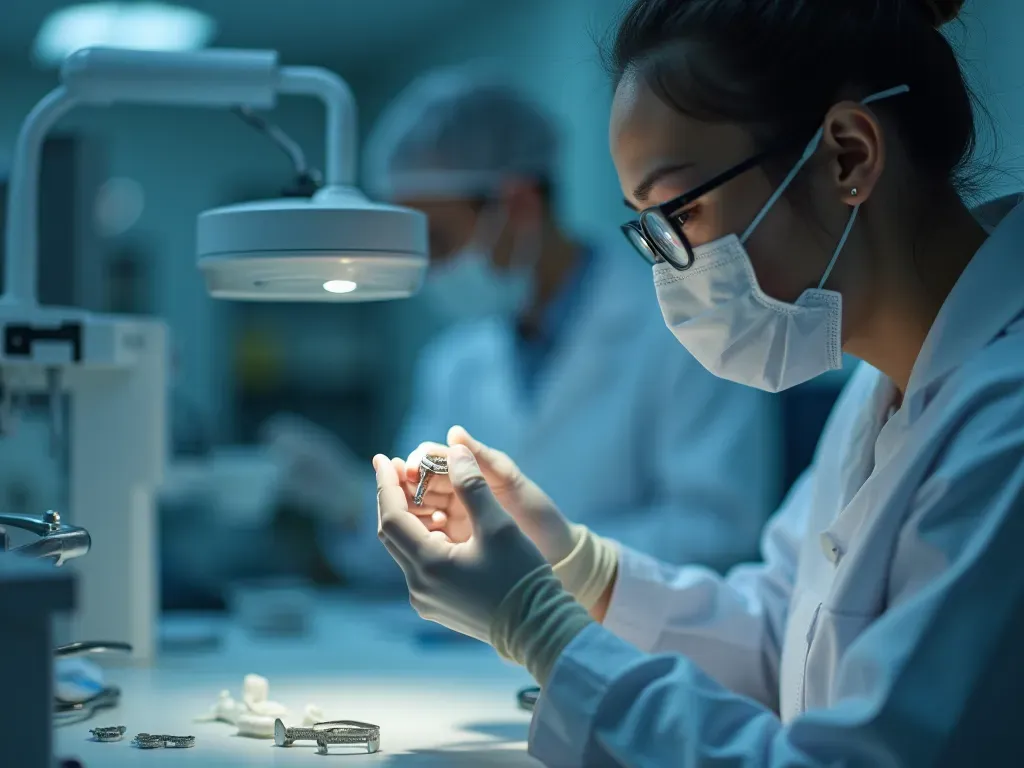 A professional engineer in a clean laboratory environment inspecting a small metallic dental component. The lighting is focused and precise, highlighting the precision engineering involved in creating medical implants without any visible text or labels.