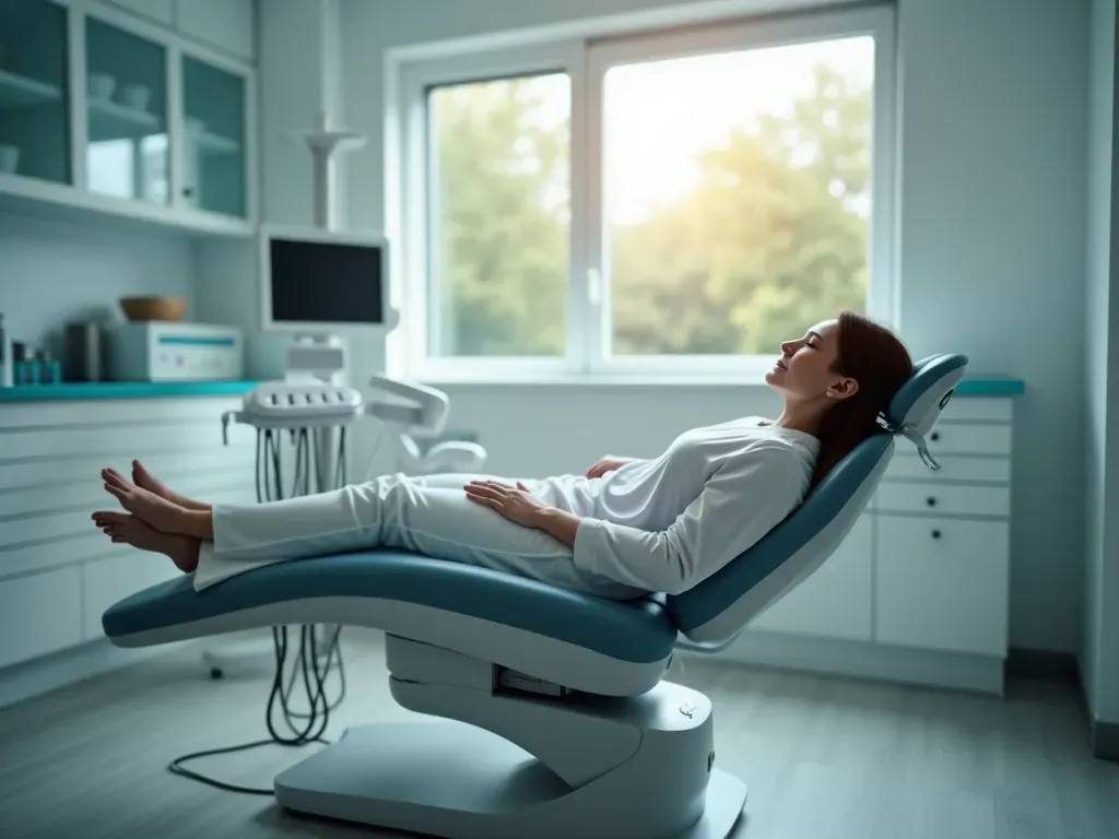 A serene dental treatment room with a patient reclining in a modern chair. The atmosphere is calm and reassuring, with soft ambient lighting and clean surfaces. A dentist's hands are visible holding precise instruments near the patient's mouth area.