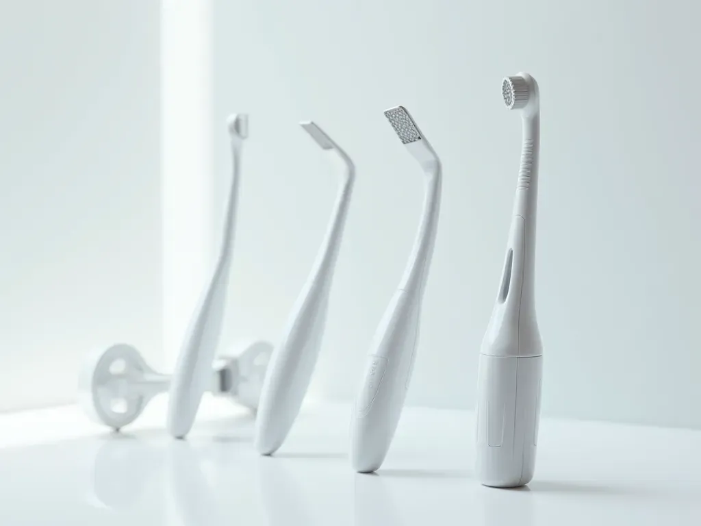 An editorial still life of modern dental instruments arranged on a white surface with soft diffused lighting. The composition is clean and precise.