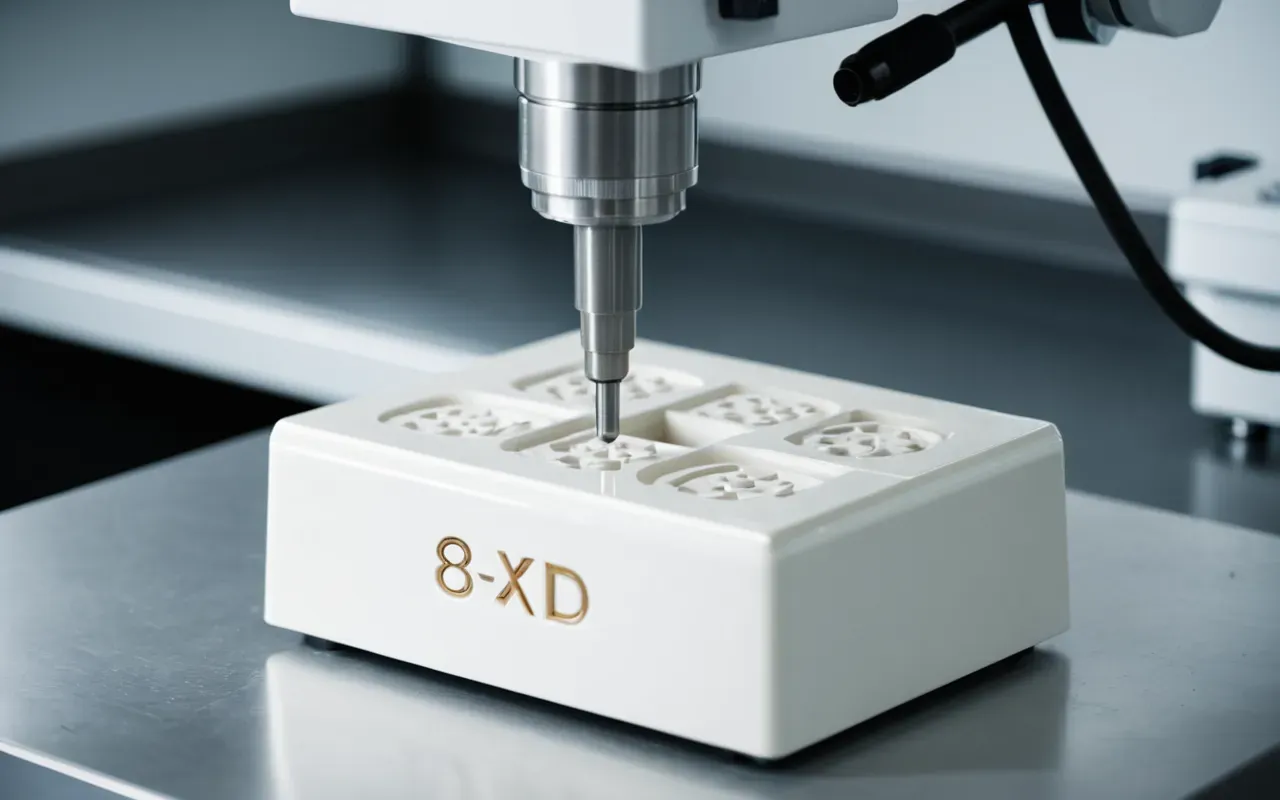 zirkonyum kaplama üretim süreci Close-up of a high-tech dental milling machine carving a solid white ceramic block with precision tools in a sterile laboratory environment. Bright clinical lighting highlights the smooth surface and fine dust particles suspended in the air.
