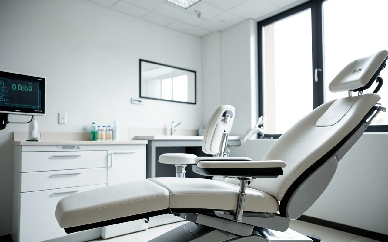 diş ünitesi Close-up of a modern dental chair with ergonomic design and clean white surfaces in a bright clinical setting, shallow depth of field