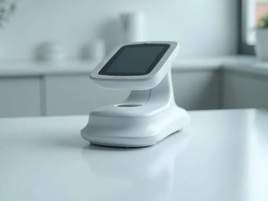 dijital tarama cihazı Close-up of a modern digital dental scanner device on a clean white surface with soft studio lighting and shallow depth of field.